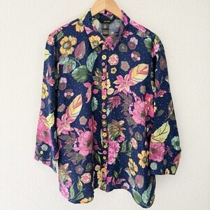 Ali Miles Floral Leaf Abstract Button Top XL Blue Multicolor Artsy Art To Wear